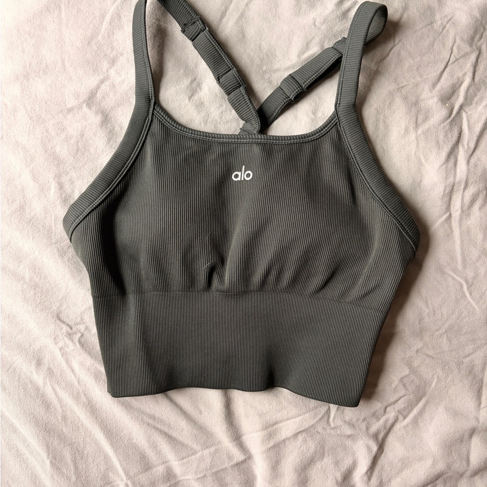 ALO Yoga Seamless Ribbed Favorite Bra Tank in Charcoal Green